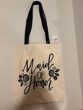 NWT Maid of Honor Cotton Tote Bag Cream Black Straps 13” x 14” w/ 12” Drop